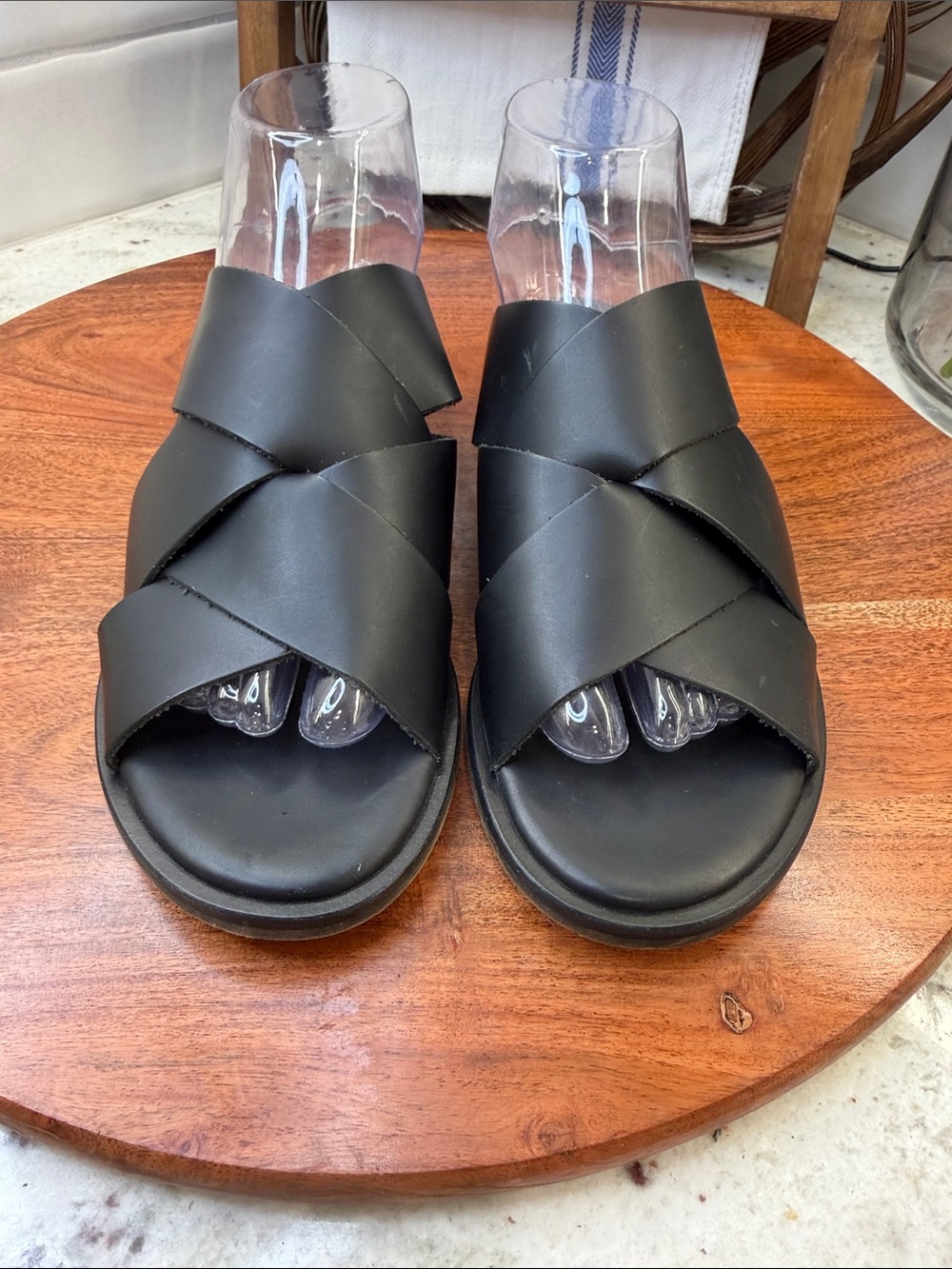 Clarks Black Crisscross Leather Slide Sandals